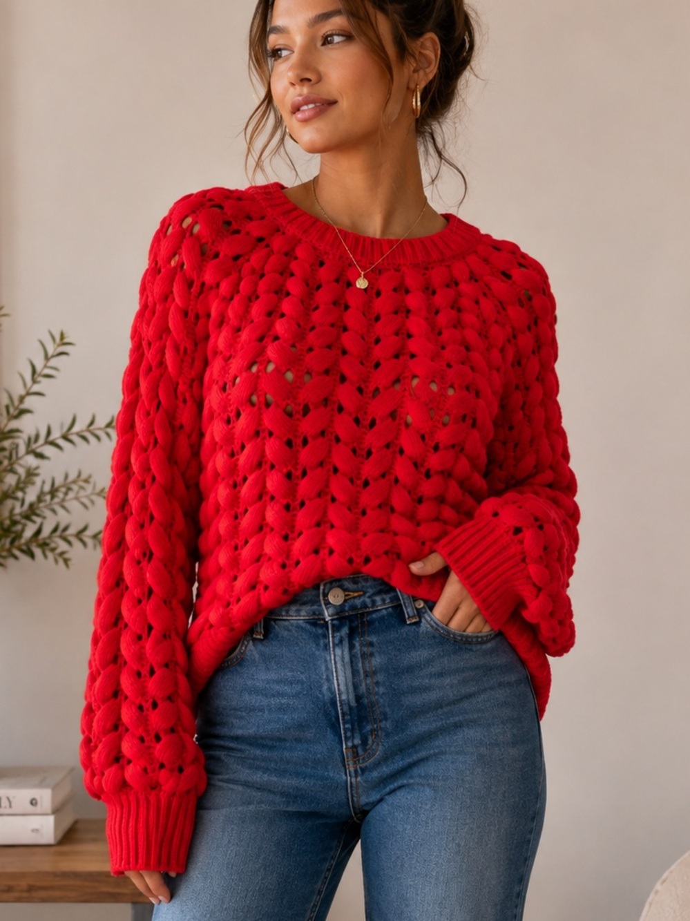 Chunked Cable Stitch Crewneck Sweater - Red